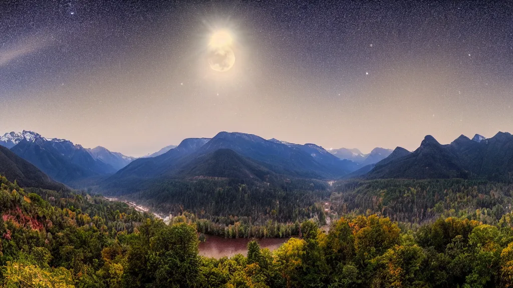 Image similar to Panoramic photo where the mountains are towering over the valley below their peaks shrouded in mist. The moon is just peeking over the horizon and the sky is covered with stars and clouds. The river is winding its way through the valley and the trees are starting to turn yellow and red