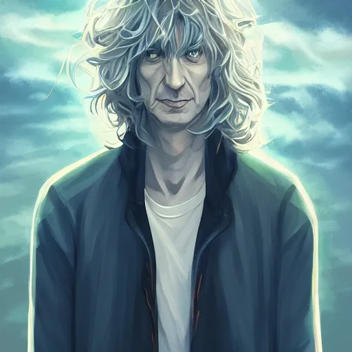 Image similar to portrait of Neil Gaiman with beautiful long pale blond hair, night time, ambient lighting, 4k, anime key visual, lois van baarle, ilya kuvshinov, rossdraws, artstation