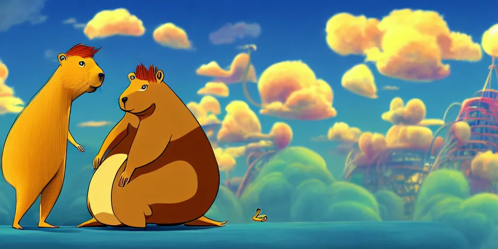 Image similar to cartoon concept art, capybara character, spiral clouds, from lorax movie