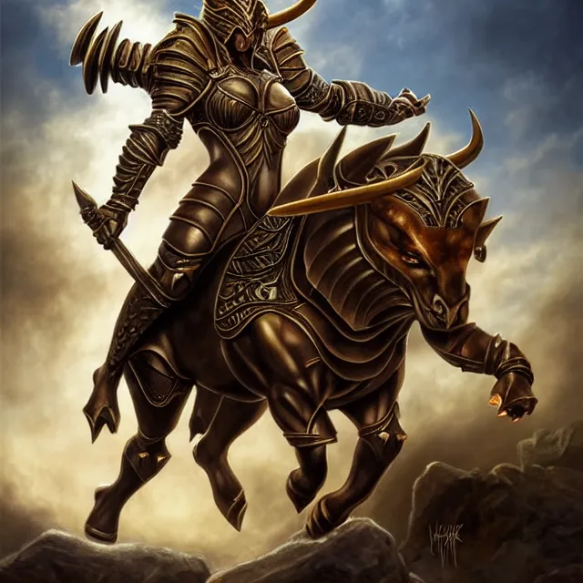 Image similar to armoured minotaur warrior artgerm anne stokes highly detailed 8 k hdr smooth sharp focus high resolution award - winning photo photorealistic