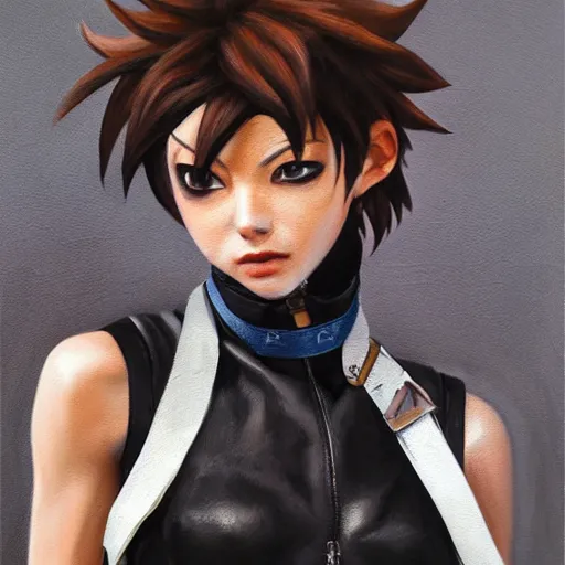 Image similar to oil painting of tracer overwatch in a field wearing very large black leather belt choker collar around neck, in style of mark arian, expressive face, very detailed face, very detailed eyes, belt around neck, full body, feminine face, tracer overwatch,