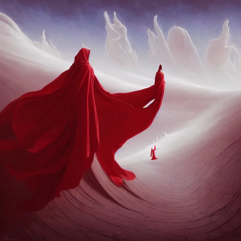 Prompt: one lone singular swirling otherworldly angelic figure shrouded in red robes emerges from extensive barren white dunescape, matte painting by peter mohrbacher and filip hodas, background basilica! sacre coeur, godrays, high contrast, highly detailed, a