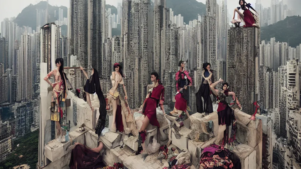 Image similar to fashion editorial by jimmy nelson. on a roof in center hong kong