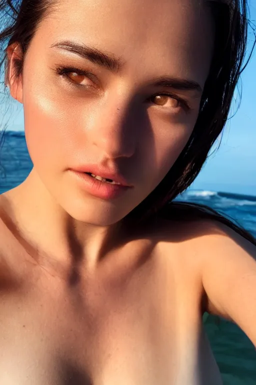 Prompt: 2 4 year old female model, wearing v - neck top, zoomed in, photo realistic, extreme detail skin, no filter, slr, golden hour, beach, 4 k, high definition, selfie