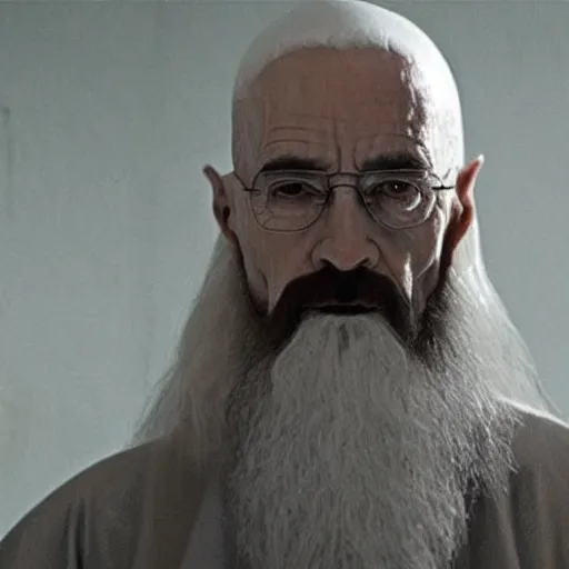 Image similar to Saruman wearing 3M Full Facepiece Respirator on top of his head like Walter White