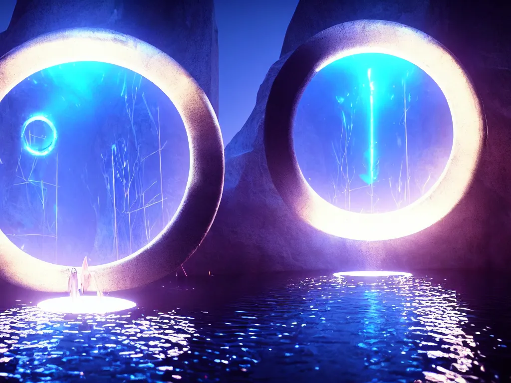 Image similar to a magical circular portal to another world in a lake opening under the water, lights, magical, ethereal, sci - fi, art, 8 k render octane high definition