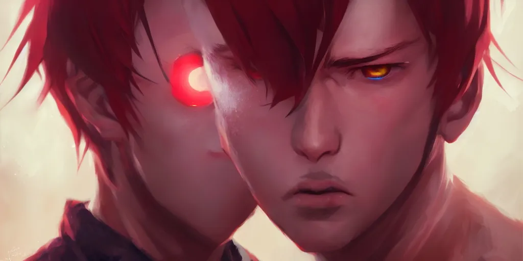 Prompt: realistic portrait of anime character, detailed eyes, manly face, crimson red aura, digital fantasy, art by greg rutkowski, aesthetic in 8k