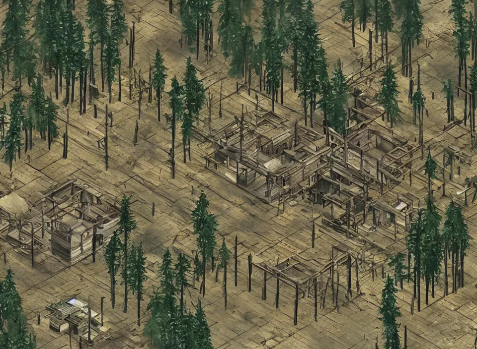 Image similar to Screenshot of the outside of an diseased pine forest in Fallout 2 (1998), isometric perspective, postapocalyptic, bird's eye view, prerendered isometric graphics, high quality