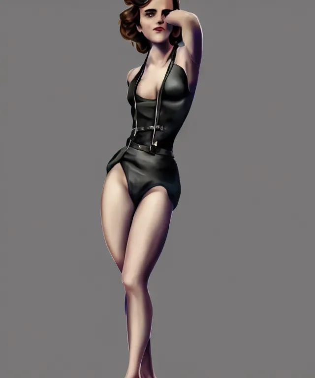 Image similar to emma watson pinup style full body portrait, pinup pose, standing up, swimsuit, elegant, digital painting, trends on artstation, concept art