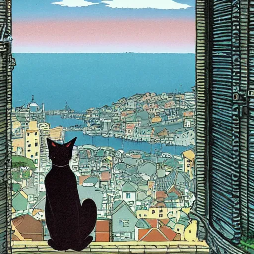 Image similar to a black cat lady looking out over a city, Miyazaki, studio ghibli