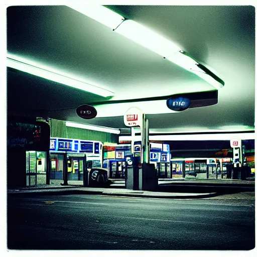Prompt: “gas station photography,night, neon, various subjects, cinestill 800t, in the style of William eggleston”