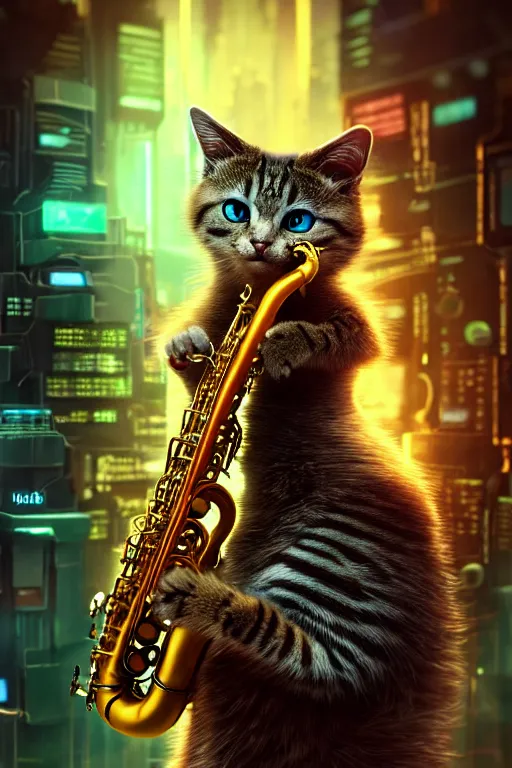 Image similar to high quality 3 d render very cute cyborg cat plays saxophone, cyberpunk highly detailed, unreal engine cinematic smooth, in the style of blade runner & pixar, hannah yata charlie immer, moody light, low angle, uhd 8 k, sharp focus