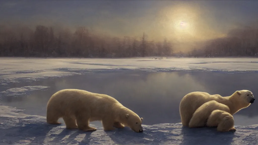 Prompt: the most beautiful panoramic landscape, oil painting, where a giant dreamy lake is frozen, a giant polar bear is exhaling steam while walking over the frozen lake, the frozen lake is reflecting the giant polar bear and the ray lights of the sunrise are brightening him, by greg rutkowski