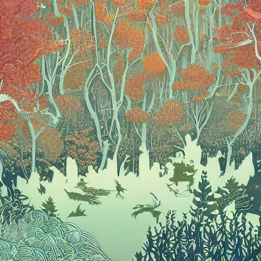 Prompt: linocut print of lush fantasy forest, amazing art, highly detailed, intricate, color, masterpiece, by victo ngai, craig mullins