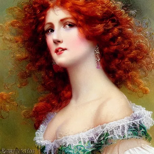 Prompt: beautiful redhead woman, painted by hans zatzka, closeup