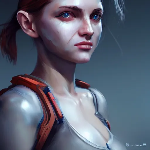 Prompt: beautiful female android, full round face, short smile, full body, post apocalyptic setting, medium shot, mid-shot, highly detailed, trending on Artstation