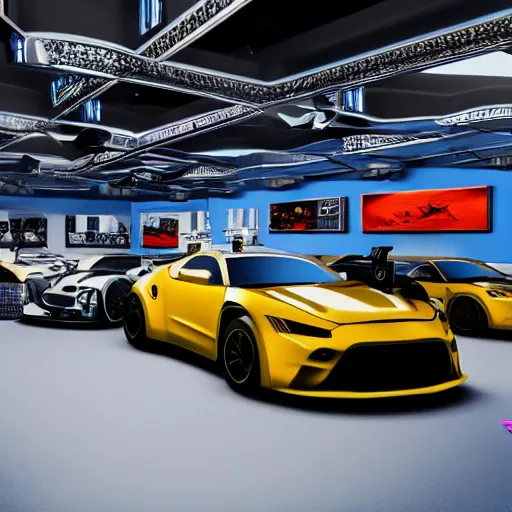 Image similar to cctv looking at a drift racing of diamond cars, gems, gold, bright colors ultrawide lens, details, studio lighting, realism, complex lights