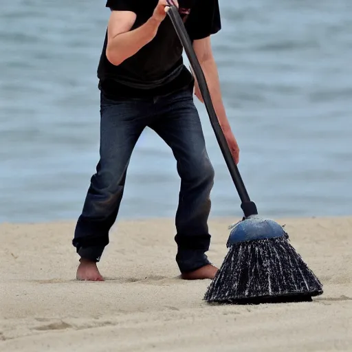 Image similar to Hayden Christensen as Anakin Skywalker Vacuuming the beach for sand, photo,