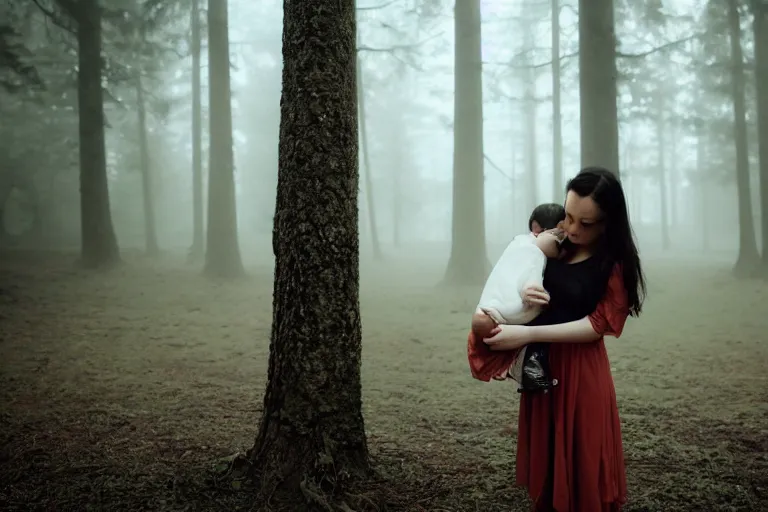 Image similar to a cinematic photo of a young woman with dark hair holds a baby in a dark, foggy forest, closeup, masterpiece