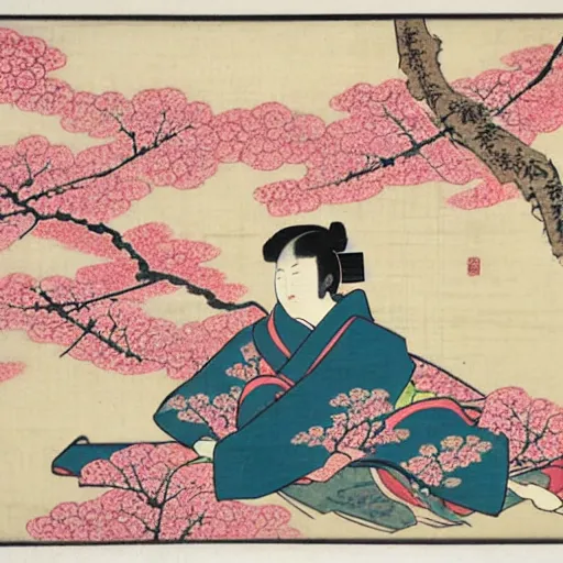 Image similar to japanese edo period woodblock print of a girl laying underneath pink blossoming cherry trees in the background