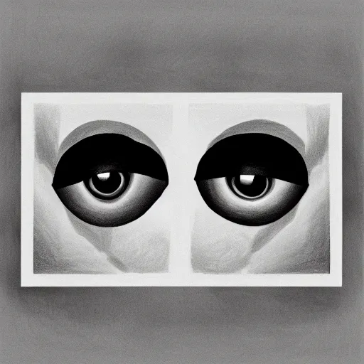 Image similar to a drawing of three realistic eyes floating over a mountain, black and white, vintage poster, film grain