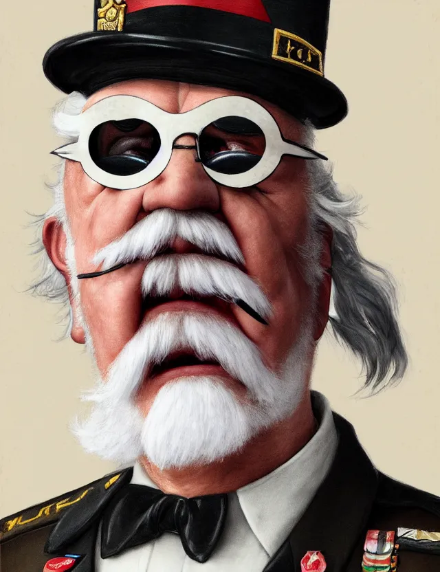 Image similar to a photographic portrait of colonel sanders wearing a military uniform and a black eyepatch over his left eye, by moebius and tyler edlin and hr giger, trending on artstation, digital art, 4 k resolution, detailed, high quality, sharp focus, hq artwork, coherent, insane detail, concept art