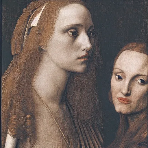 Prompt: portrait of natalie portman and scarlet johansson, by albrecht durer, jean delville, jan van eyck, da vinci