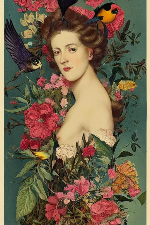 Prompt: beautiful girl Amalgamation with flowers, fruits, birds by Beto Val, John James Audubon, vintage illustration, bizarre compositions, Exquisite detail