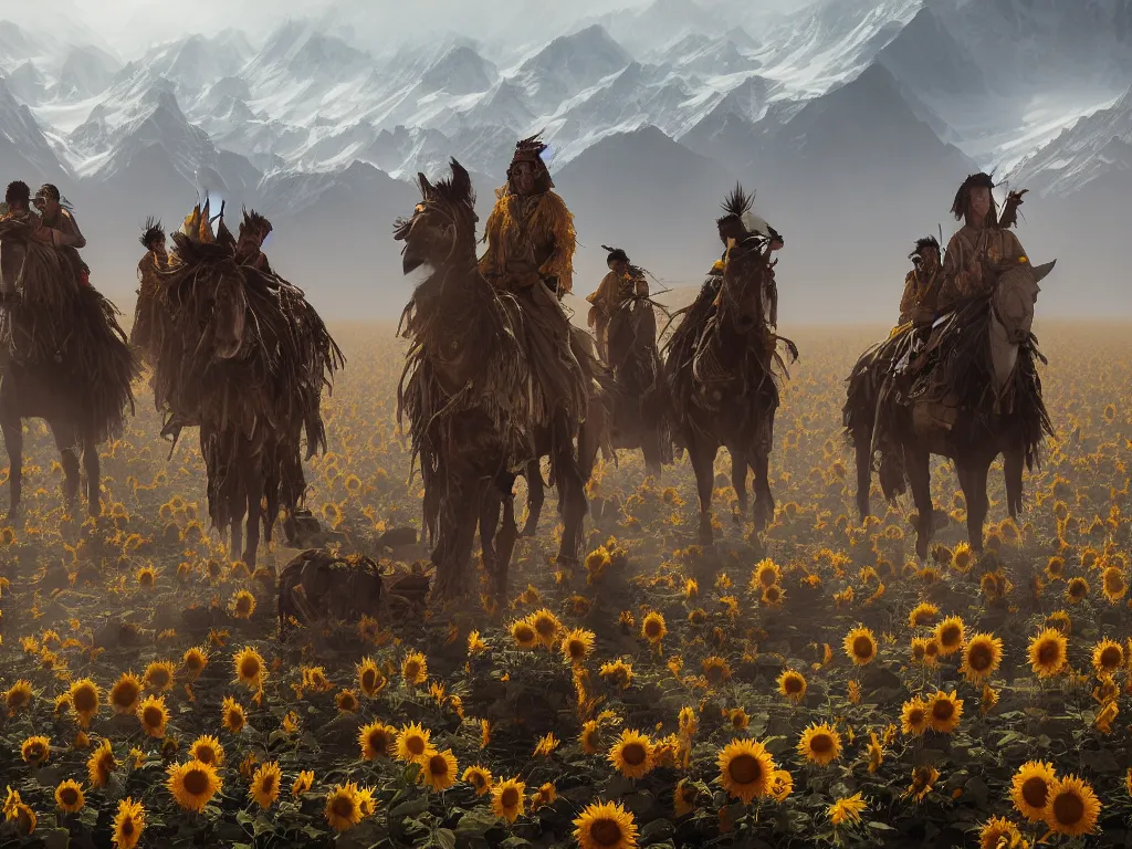 Image similar to a portrait of the mighty helianthus people, a nomadic mongolian tribe that worship the sunlight in a vast barren valley full of sunflowers that are withered dry, with glaciers peaking through fog in the distance, by Greg Rutkowski, Sung Choi, Mitchell Mohrhauser, Maciej Kuciara, Johnson Ting, Maxim Verehin, Peter Konig, Bloodborne, macro lens, 35mm, 8k photorealistic, cinematic lighting, HD, high details, atmospheric