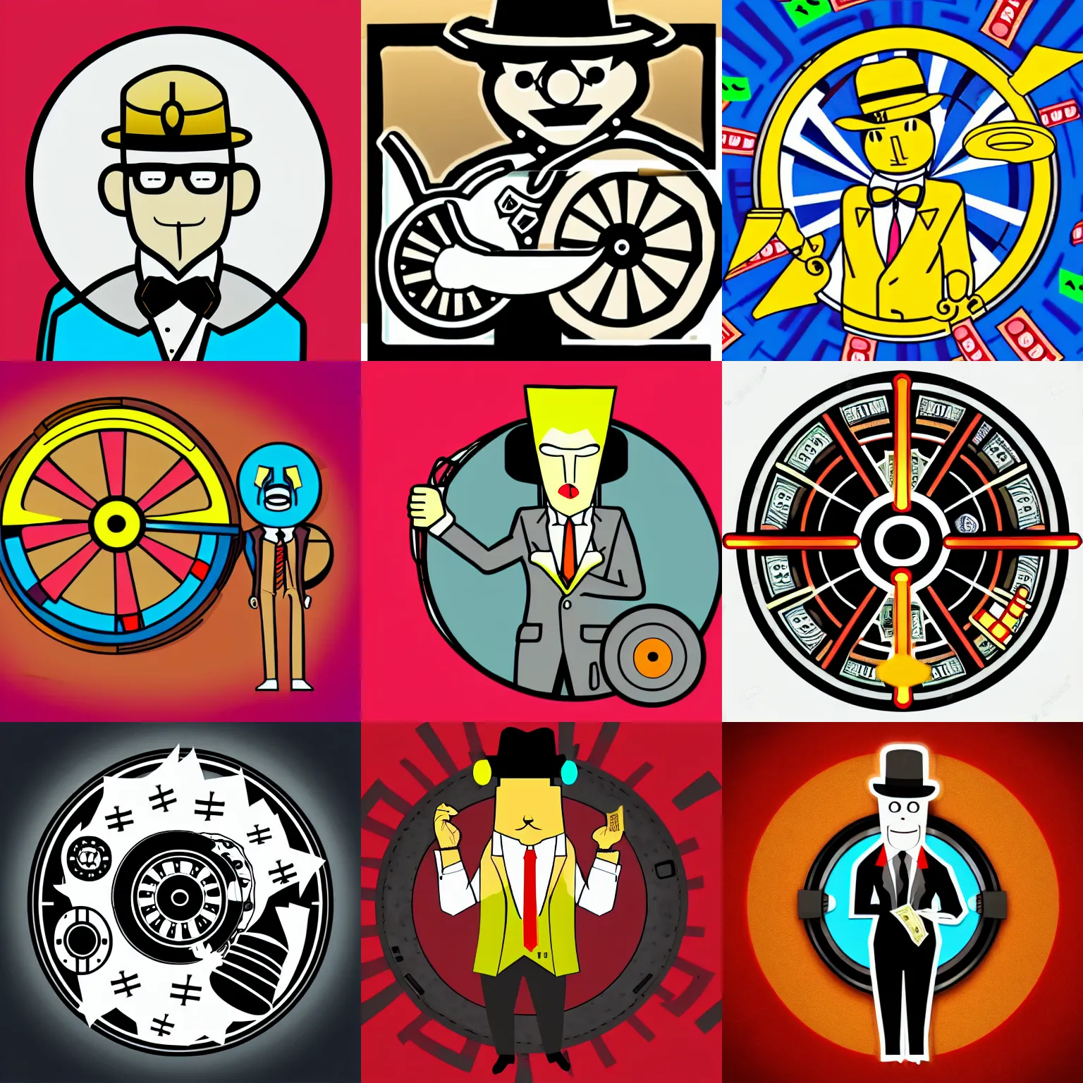 Prompt: well dressed man spinning selector wheel, dollar bills, artwork, adult swim style, logo