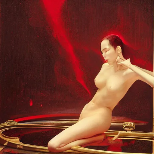 Prompt: Kiko Mizuhara full body laying in a blood red pool of water between a golden mirror frame, outside is space and inside the mirror frame is a beautiful landscape., physically accurate, dynamic lighting, intricate, elegant, highly detailed, very very Roberto Ferri, sharp focus, illustration, art