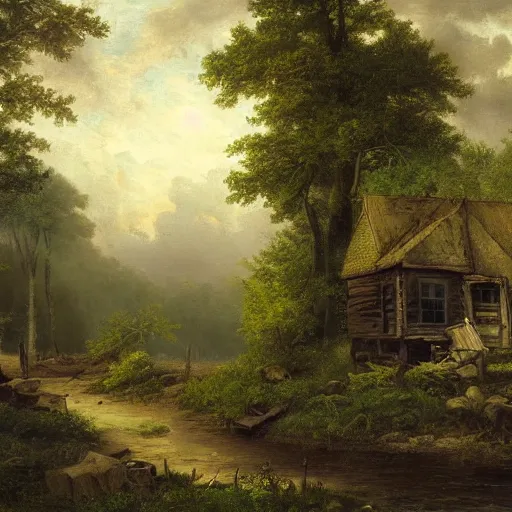 Image similar to a painting of a eerie cabin in the middle of the woods in the style of andreas achenback