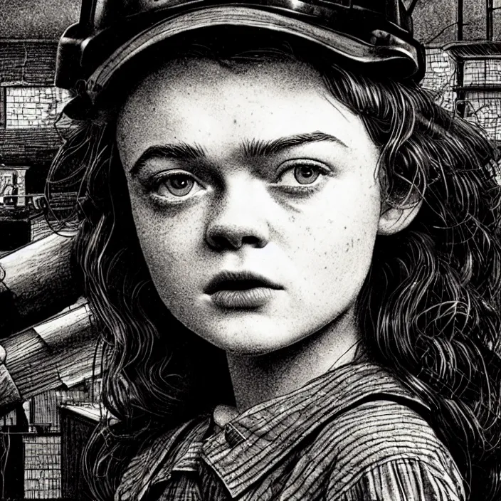 Image similar to extreme close - up on sadie sink as a miner who raises stale bread. background : black tiles on walls. black and white, pencil and ink. by gabriel hardman, joe alves, chris bonura. cinematic atmosphere, detailed and intricate, perfect anatomy