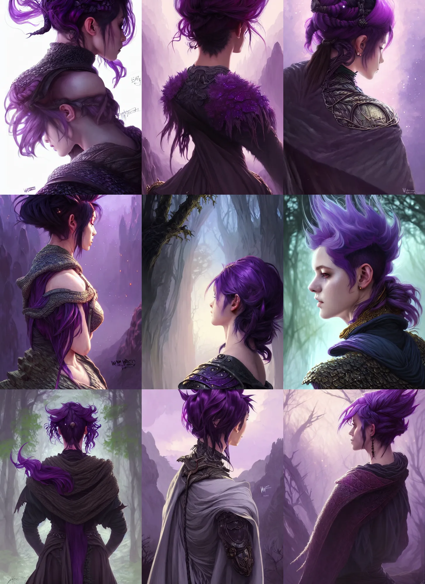 Image similar to back portrait rugged girl, adventurer outfit large cloak, fantasy forest landscape, dragon scales, fantasy magic, undercut hairstyle, short purple black fade hair, dark light night, intricate, elegant, sharp focus, illustration, highly detailed, digital painting, concept art, matte, art by wlop and artgerm and greg rutkowski and alphonse mucha, masterpiece