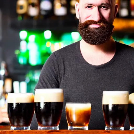 Prompt: bartender with beard and shaved head, pouring Guinness at an Irish pub