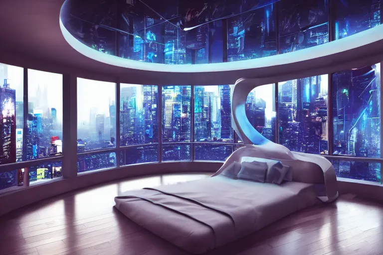 Image similar to a futuristic bedroom with large curved ceiling high windows looking out to a far future cyberpunk cityscape, cyberpunk neon lights, raining, scifi