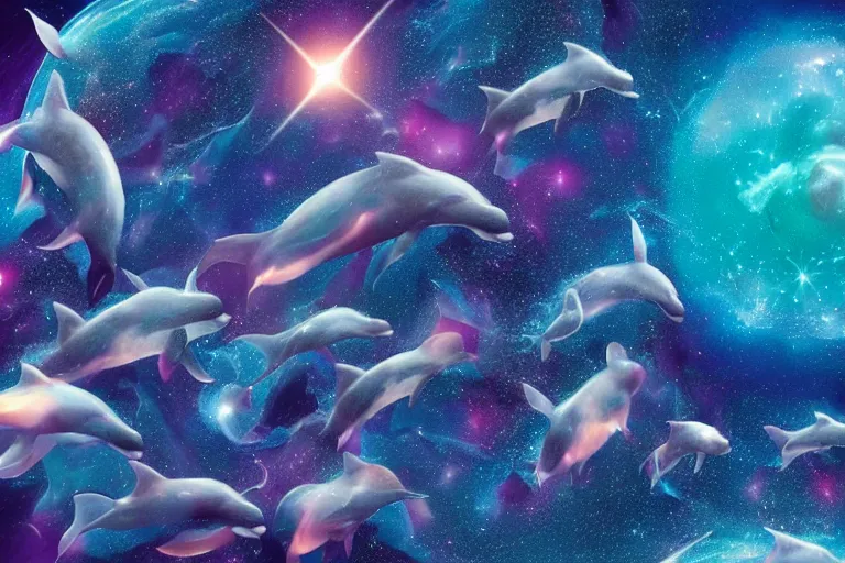 Prompt: a group of cosmic dolphins jumping out of a ocean in the cosmos in space, epic composition, 4 k