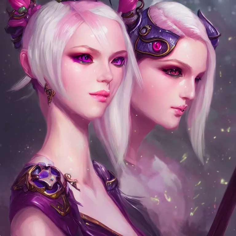 Prompt: fantasy magical fashion girl portrait, solarpunk, league of legends, short hair, fantasy, intricate, androgynous, highly detailed, digital painting, artstation, concept art, smooth, sharp focus, illustration