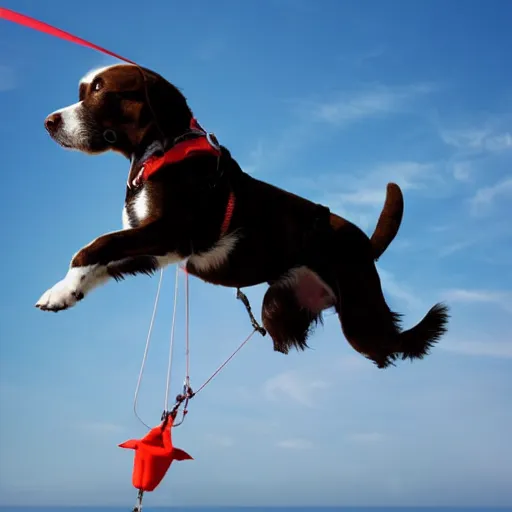 Image similar to a dog parachuting from a helicopter, stock photo