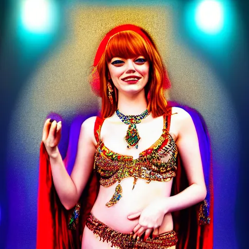 Prompt: a digital portrait of emma stone dressed as a belly dancer, arabian night, high quality, fully detailed, 4 k, in focus face with fine details
