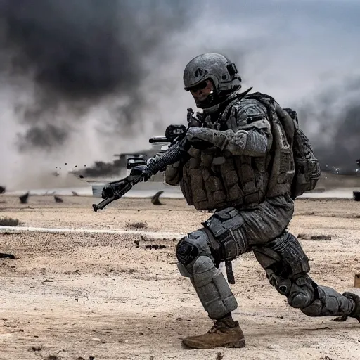 Image similar to Special Forces in grey uniform with black body armor under artillery fire in 2022, photo by Adam Ferguson, Pulitzer Winning, cinematic composition, breathtaking, modern, 2022