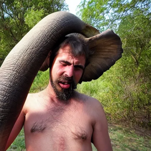 Image similar to huge elephant tusks growing out of mans mouth