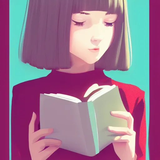 Image similar to portrait by ilya kuvshinov of a beautiful girl reading a book, slight smile, symmetrical face, trending on pixiv, fhd, detailed, subdued color palette