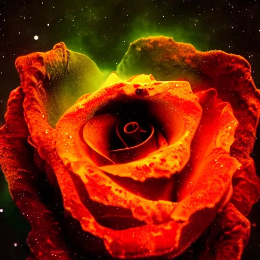 Image similar to award - winning macro of a beautiful black rose made of molten magma and colorful nebulae on black background by harold davis, georgia o'keeffe and harold feinstein, highly detailed, hyper - realistic, inner glow, trending on deviantart, artstation and flickr, nasa space photography, national geographic