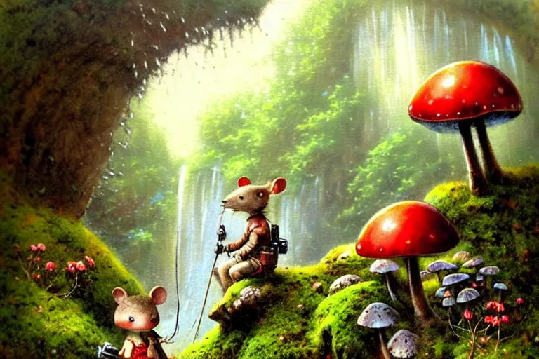 Image similar to adventurer ( ( ( ( ( 1 9 5 0 s retro future robot android mouse in forrest of giant mushrooms, moss and flowers stone bridge waterfall. muted colors. ) ) ) ) ) by jean baptiste monge!!!!!!!!!!!!!!!!!!!!!!!!! chrome red