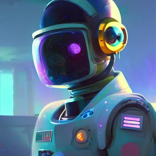 Image similar to cyberpunk astronaut bot, cinema 4 d, galaxy space sci - fi, wearing vr goggles, illustration, portrait, pastel neon textured background night, trending on artstation, greg rutkowski, octane rendered, 1 2 k, detailed,