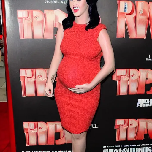 Image similar to Pregnant Katy Perry in a red dress at a movie premiere, paparazzi photograph