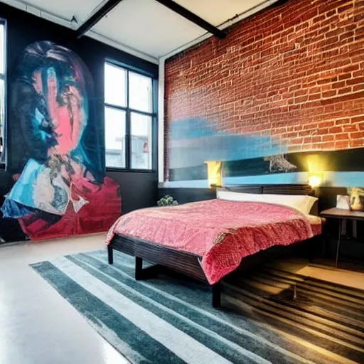 Image similar to trendy downtown loft with modern murals on the wall, modern art and patterns, interior design, beautiful architecture