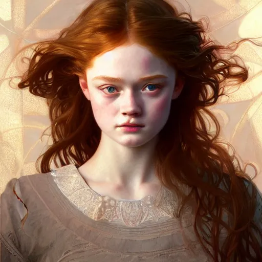 Image similar to beautiful natural Sadie Sink' intricate, elegant, highly detailed, digital painting, artstation, concept art, smooth, sharp focus, illustration, art by artgerm and greg rutkowski and alphonse mucha and loish and WLOP