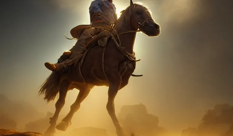 Prompt: cowboy ridding on horse to town in the old west, sharp focus, intricate, elegant, digital painting, artstation, matte, highly detailed, concept art, illustration, volumetric lighting, bokeh light, art by greg olsen and liz lemon swindle